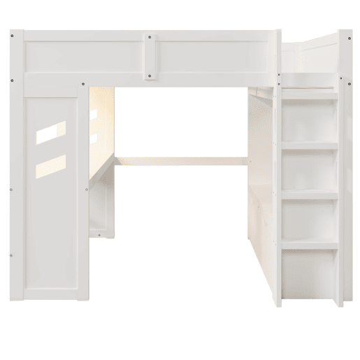 Cama alta 140x200 cm - Com secretária, LED, 1 USB, 1 Type-C, prateleira, sem colchão - Branco