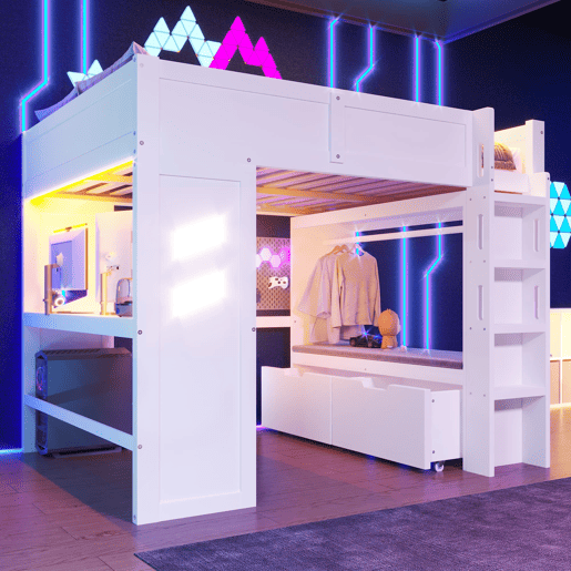 Cama alta 140x200 cm - Com secretária, LED, 1 USB, 1 Type-C, prateleira, sem colchão - Branco