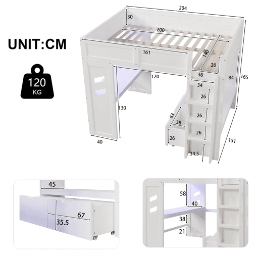 Cama alta 140x200 cm - Com secretária, LED, 1 USB, 1 Type-C, prateleira, sem colchão - Branco