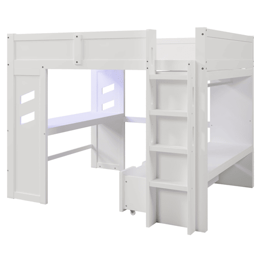 Cama alta 140x200 cm - Com secretária, LED, 1 USB, 1 Type-C, prateleira, sem colchão - Branco