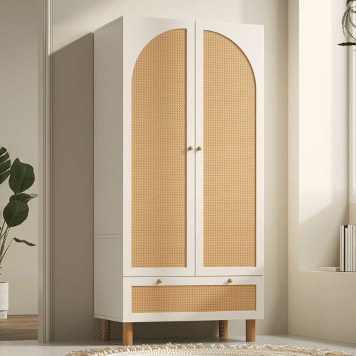 Armário roupeiro 180x85x52 cm - 2 portas, gaveta grande, prateleiras ajustáveis, rattan - Branco Armário roupeiro 180x85x52 cm - 2 portas, gaveta grande, prateleiras ajustáveis, rattan - Branco
