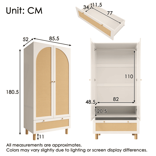 Armário roupeiro 180x85x52 cm - 2 portas, gaveta grande, prateleiras ajustáveis, rattan - Branco Armário roupeiro 180x85x52 cm - 2 portas, gaveta grande, prateleiras ajustáveis, rattan - Branco