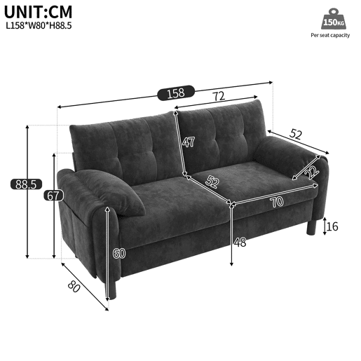 Sofá moderno de 2 lugares - Sofá de chenille com almofadas grossas, design escandinavo - Cinza Sofá moderno de 2 lugares - Sofá de chenille com almofadas grossas, design escandinavo - Cinza