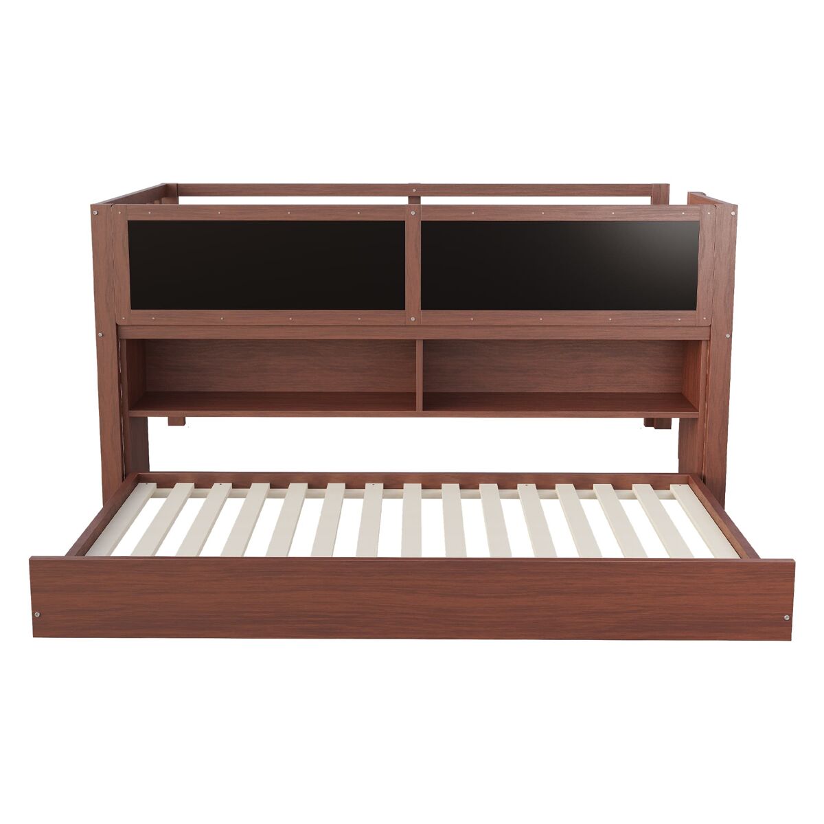 Cama infantil 90x200 - cama extensible, con pizarra, almacenamiento abierto, escalera, madera maciza - marrón