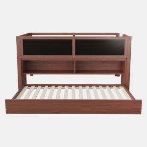 Cama infantil 90x200 - Cama extensível, com quadro negro, arrumação aberta, escada, madeira maciça - Castanho
