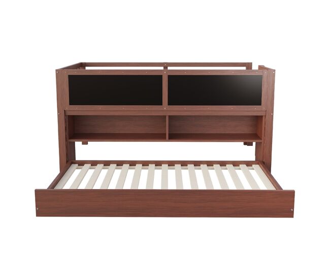 Cama infantil 90x200 - cama extensible, con pizarra, almacenamiento abierto, escalera, madera maciza - marrón