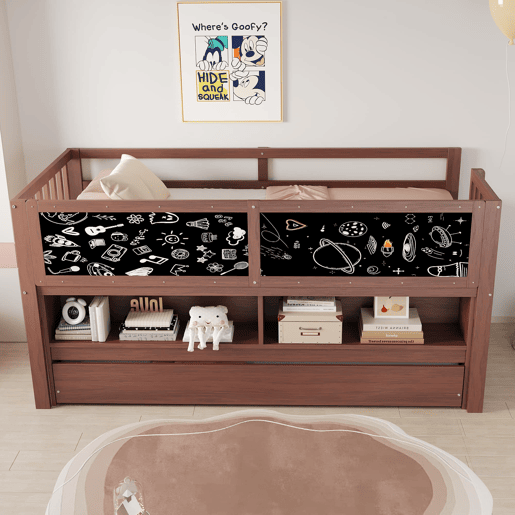 Cama infantil 90x200 - Cama extensível, com quadro negro, arrumação aberta, escada, madeira maciça - Castanho