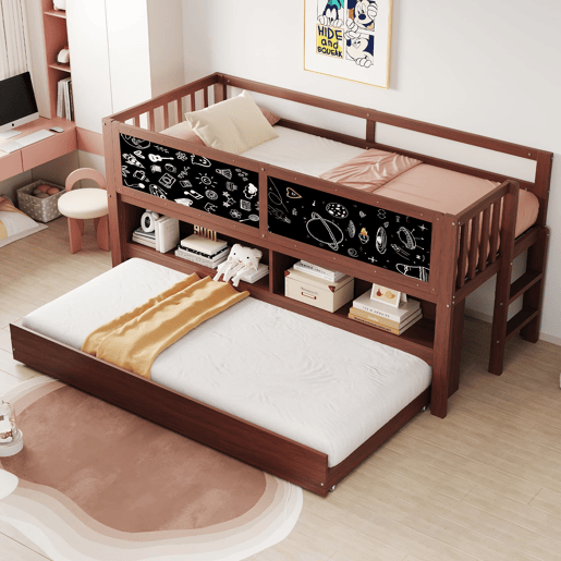 Cama infantil 90x200 - Cama extensível, com quadro negro, arrumação aberta, escada, madeira maciça - Castanho