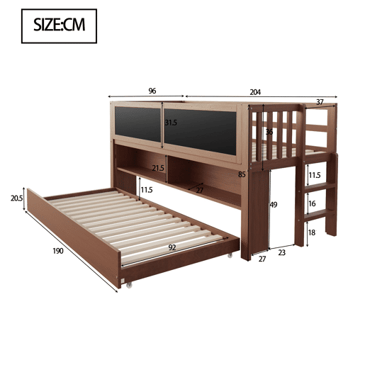 Cama infantil 90x200 - Cama extensível, com quadro negro, arrumação aberta, escada, madeira maciça - Castanho
