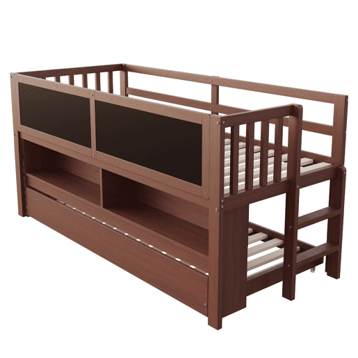 Cama infantil 90x200 - Cama extensível, com quadro negro, arrumação aberta, escada, madeira maciça - Castanho