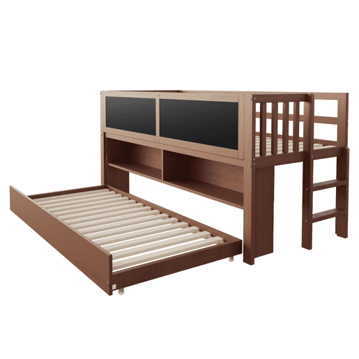 Cama infantil 90x200 - Cama extensível, com quadro negro, arrumação aberta, escada, madeira maciça - Castanho