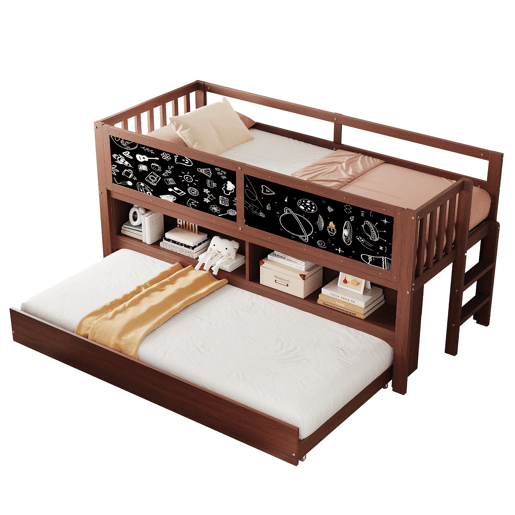 Cama infantil 90x200 - Cama extensível, com quadro negro, arrumação aberta, escada, madeira maciça - Castanho