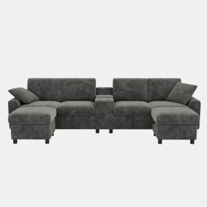 Sofá em forma de U 315x81x135 cm - 2 pufes com arrumação, mesa, 2 porta-copos, 1 USB, 2 tomadas, 2 Type-C - Cinza