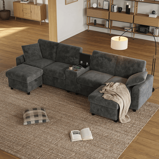 Sofá em forma de U 315x81x135 cm - 2 pufes com arrumação, mesa, 2 porta-copos, 1 USB, 2 tomadas, 2 Type-C - Cinza