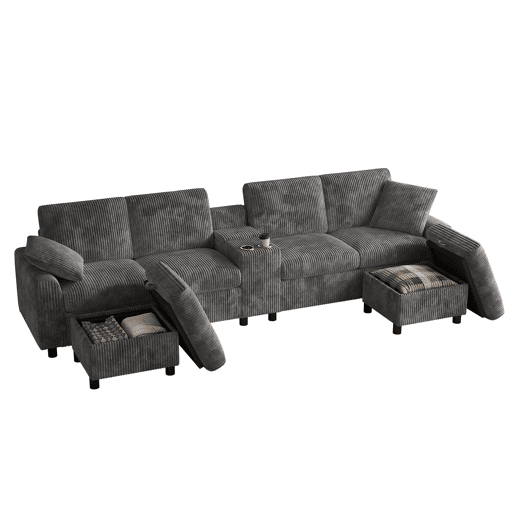 Sofá em forma de U 315x81x135 cm - 2 pufes com arrumação, mesa, 2 porta-copos, 1 USB, 2 tomadas, 2 Type-C - Cinza