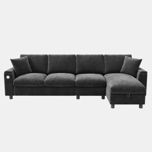 Sofá chenille em forma de L 281x86x71 cm - Com mesa extensível, USB, 2 porta-copos - Cinza