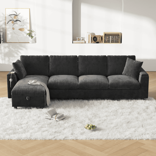 Sofá chenille em forma de L 281x86x71 cm - Com mesa extensível, USB, 2 porta-copos - Cinza Sofá chenille em forma de L 281x86x71 cm - Com mesa extensível, USB, 2 porta-copos - Cinza