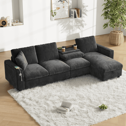 Sofá chenille em forma de L 281x86x71 cm - Com mesa extensível, USB, 2 porta-copos - Cinza Sofá chenille em forma de L 281x86x71 cm - Com mesa extensível, USB, 2 porta-copos - Cinza