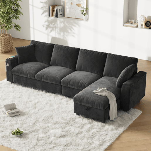 Sofá chenille em forma de L 281x86x71 cm - Com mesa extensível, USB, 2 porta-copos - Cinza Sofá chenille em forma de L 281x86x71 cm - Com mesa extensível, USB, 2 porta-copos - Cinza