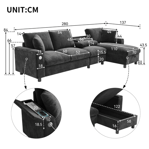 Sofá chenille em forma de L 281x86x71 cm - Com mesa extensível, USB, 2 porta-copos - Cinza Sofá chenille em forma de L 281x86x71 cm - Com mesa extensível, USB, 2 porta-copos - Cinza