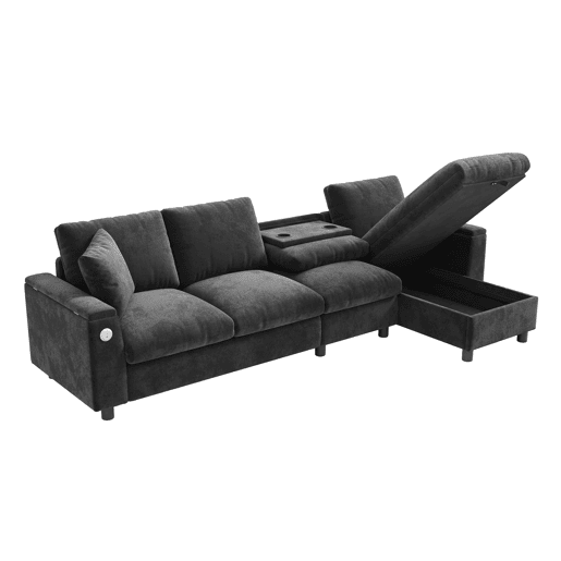 Sofá chenille em forma de L 281x86x71 cm - Com mesa extensível, USB, 2 porta-copos - Cinza Sofá chenille em forma de L 281x86x71 cm - Com mesa extensível, USB, 2 porta-copos - Cinza