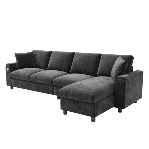 Sofá chenille em forma de L 281x86x71 cm - Com mesa extensível, USB, 2 porta-copos - Cinza Sofá chenille em forma de L 281x86x71 cm - Com mesa extensível, USB, 2 porta-copos - Cinza