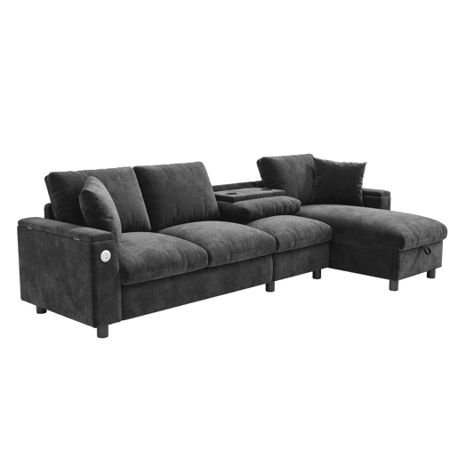 Sofá chenille em forma de L 281x86x71 cm - Com mesa extensível, USB, 2 porta-copos - Cinza Sofá chenille em forma de L 281x86x71 cm - Com mesa extensível, USB, 2 porta-copos - Cinza