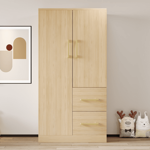 Armário infantil 70x40x135 cm - Porta dupla com gavetas e arrumação - Madeira natural Armário infantil 70x40x135 cm - Porta dupla com gavetas e arrumação - Madeira natural