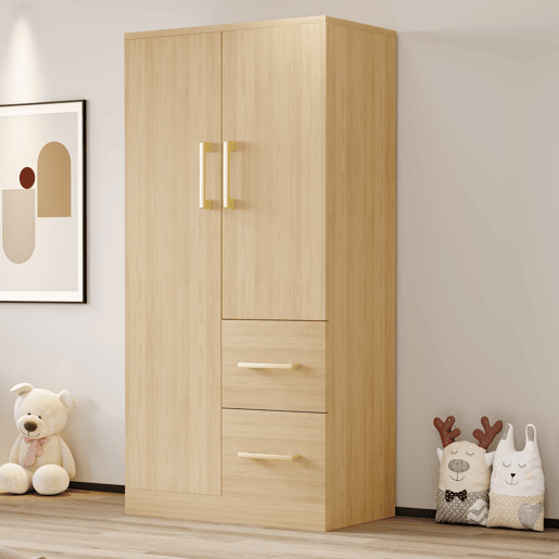 Armário infantil 70x40x135 cm - Porta dupla com gavetas e arrumação - Madeira natural Armário infantil 70x40x135 cm - Porta dupla com gavetas e arrumação - Madeira natural