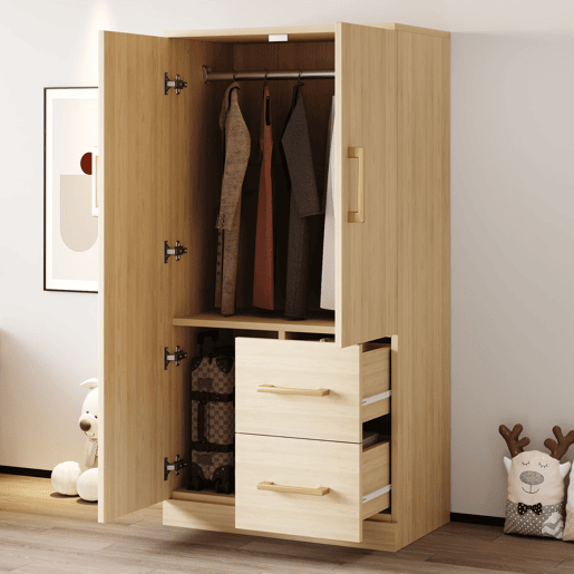 Armário infantil 70x40x135 cm - Porta dupla com gavetas e arrumação - Madeira natural Armário infantil 70x40x135 cm - Porta dupla com gavetas e arrumação - Madeira natural