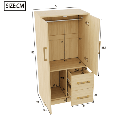 Armário infantil 70x40x135 cm - Porta dupla com gavetas e arrumação - Madeira natural Armário infantil 70x40x135 cm - Porta dupla com gavetas e arrumação - Madeira natural