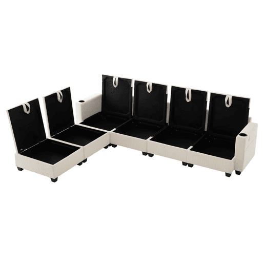 Sofá moderno em L para 6 pessoas - Veludo cotelê, com USB, apoio para os pés, arrumação e porta-copos - Bege