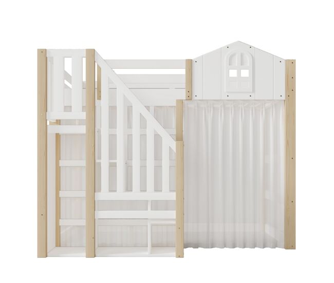 Cama loft 140x200 cm - con luces led, escalera de almacenamiento, ventana, con espacio de almacenamiento, sin colchón - blanco + natural