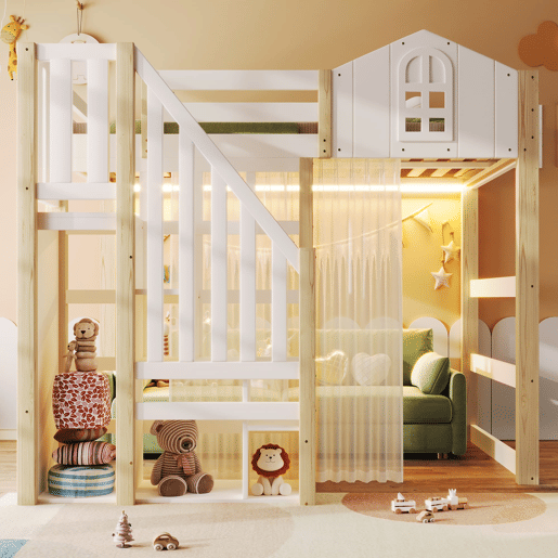 Cama loft 140x200 cm - Com luzes LED, escada com arrumação, janela, com espaço de arrumação, sem colchão - Branco + Natural
