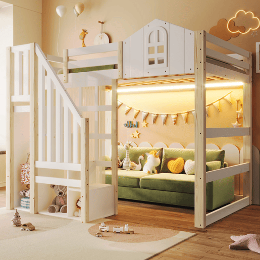 Cama loft 140x200 cm - Com luzes LED, escada com arrumação, janela, com espaço de arrumação, sem colchão - Branco + Natural