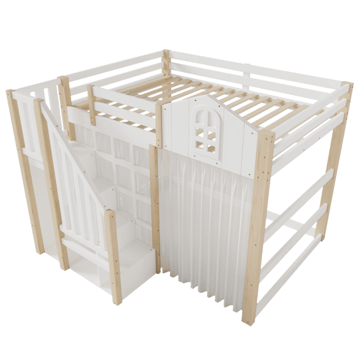 Cama loft 140x200 cm - Com luzes LED, escada com arrumação, janela, com espaço de arrumação, sem colchão - Branco + Natural