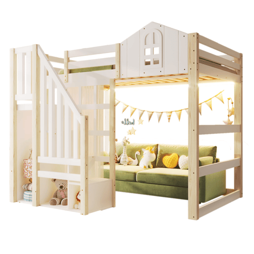 Cama loft 140x200 cm - Com luzes LED, escada com arrumação, janela, com espaço de arrumação, sem colchão - Branco + Natural