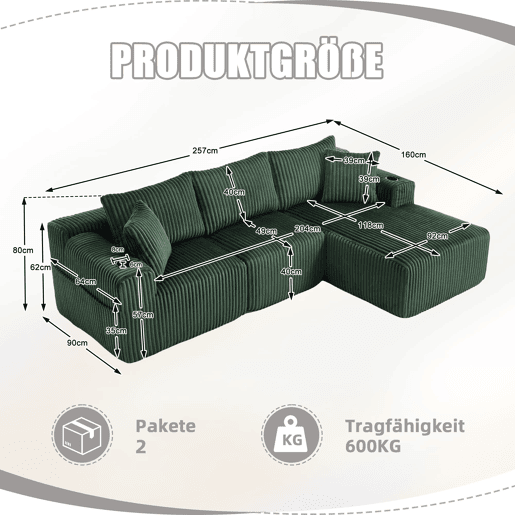 Sofá modular de 3 lugares com chaise longue - Tecido veludo cotelê macio, 5 almofadas, bolsos laterais, suporte para bebidas - Esmeralda