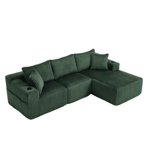 Sofá modular de 3 lugares com chaise longue - Tecido veludo cotelê macio, 5 almofadas, bolsos laterais, suporte para bebidas - Esmeralda