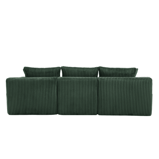 Sofá modular de 3 lugares com chaise longue - Tecido veludo cotelê macio, 5 almofadas, bolsos laterais, suporte para bebidas - Esmeralda