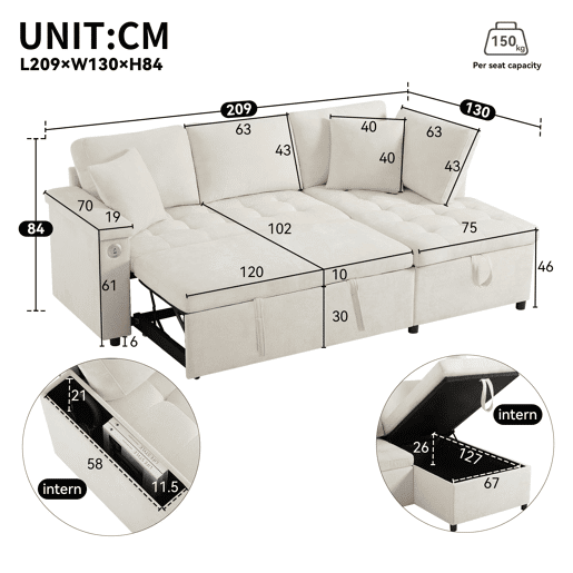Sofá L moderno de 3 lugares - sofá-cama extensível com arrumação, porta USB e 2 almofadas - Bege