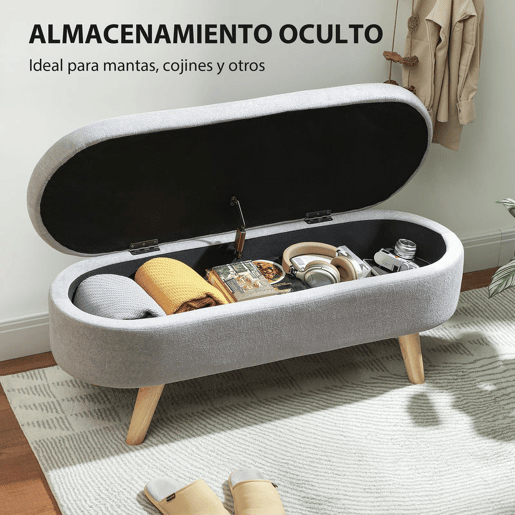 HOMCOM Banco para Pé de Cama Banco de Armazenamento com Pés de Madeira e Assento Acolchoado Carga 120 kg Puff de Armazenamento para Dormitório Entrada Corredor 110x40x43 cm Cinzento