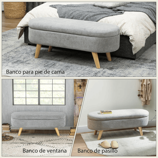 HOMCOM Banco para Pé de Cama Banco de Armazenamento com Pés de Madeira e Assento Acolchoado Carga 120 kg Puff de Armazenamento para Dormitório Entrada Corredor 110x40x43 cm Cinzento