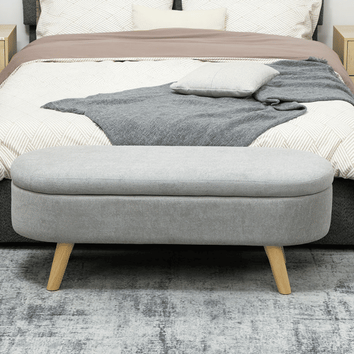 HOMCOM Banco para Pé de Cama Banco de Armazenamento com Pés de Madeira e Assento Acolchoado Carga 120 kg Puff de Armazenamento para Dormitório Entrada Corredor 110x40x43 cm Cinzento