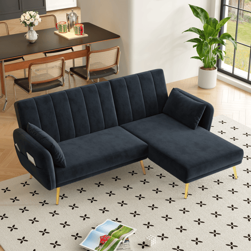 Sofá-cama moderno de 3 lugares - Sofá de canto L com função de cama - Preto