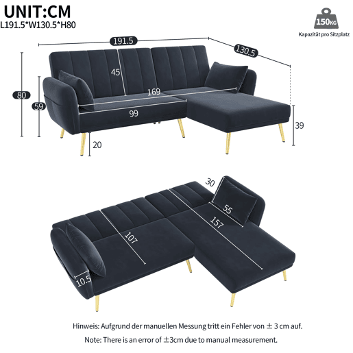 Sofá-cama moderno de 3 lugares - Sofá de canto L com função de cama - Preto