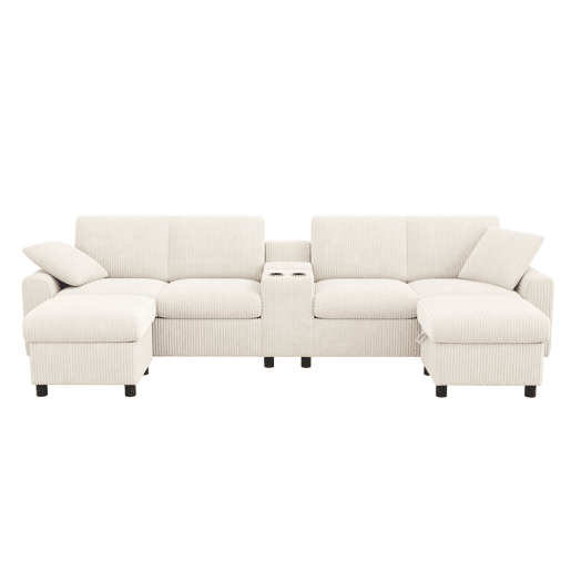 Sofá em forma de U 315x81x135 cm - 2 pufes com arrumação, mesa, 2 porta-copos, USB, tomadas - Bege