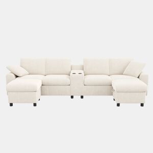 Sofá em forma de U 315x81x135 cm - 2 pufes com arrumação, mesa, 2 porta-copos, USB, tomadas - Bege