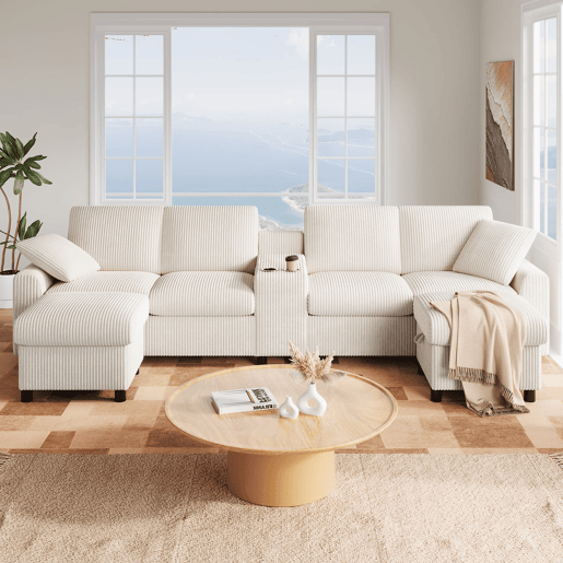 Sofá em forma de U 315x81x135 cm - 2 pufes com arrumação, mesa, 2 porta-copos, USB, tomadas - Bege