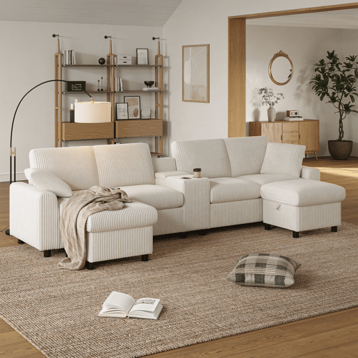 Sofá em forma de U 315x81x135 cm - 2 pufes com arrumação, mesa, 2 porta-copos, USB, tomadas - Bege